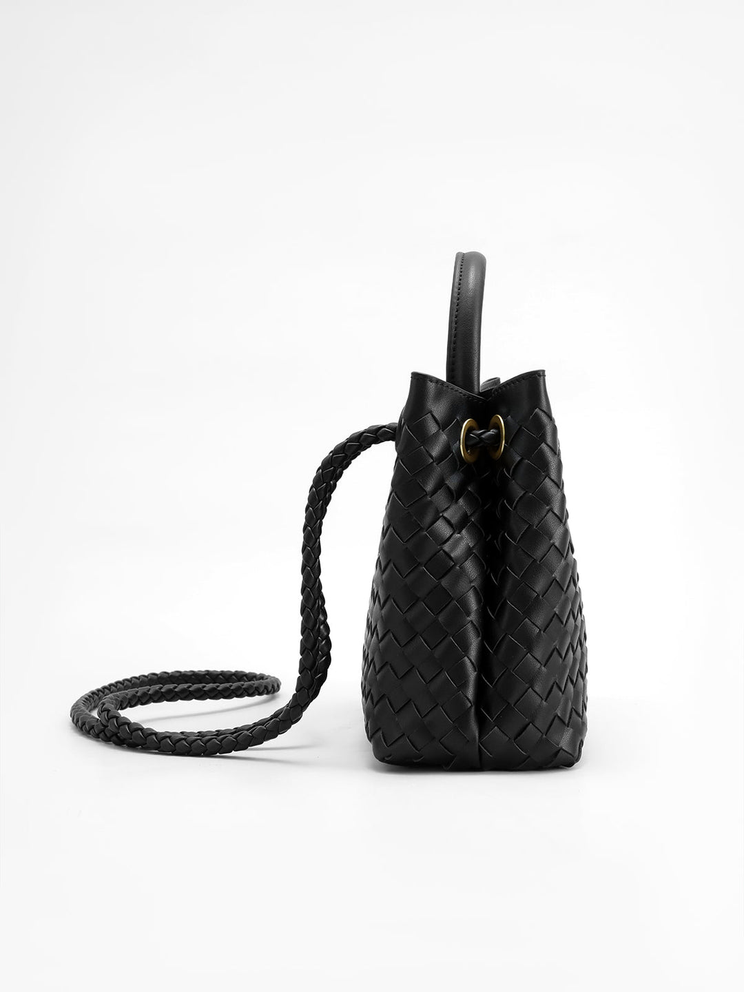 Chic women's black woven handbag with a twist detail, perfect daily essential & fashion accessory.
