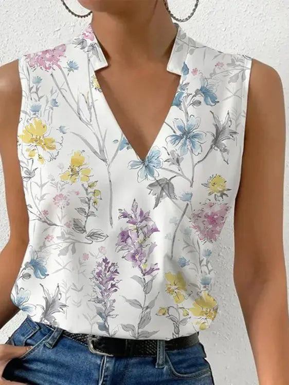 Chic women's sleeveless summer tunic top with V-neck. Ideal for warm weather, casual outings, or everyday elegance.