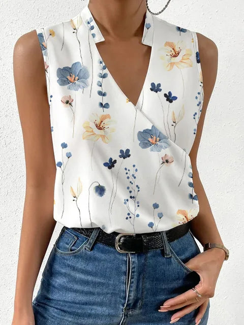 Versatile women's V-neck sleeveless top. Elegant summer tunic for casual wear, everyday style, or vacation outfits.