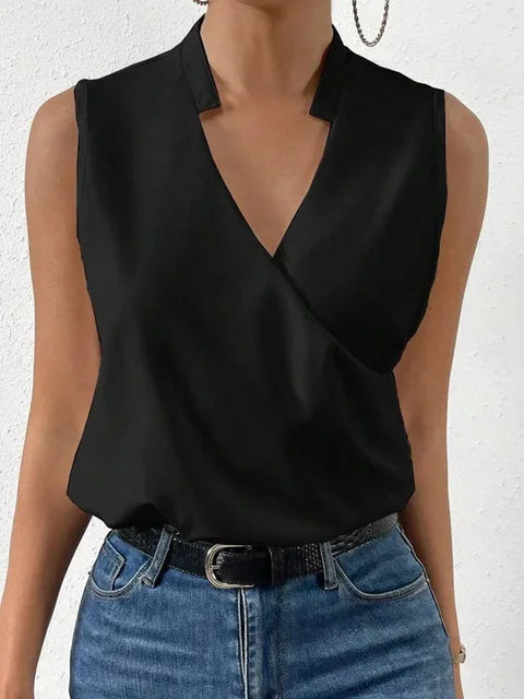 Comfortable women's sleeveless V-neck summer top. Elegant tunic with relaxed fit, perfect for casual and vacation style.