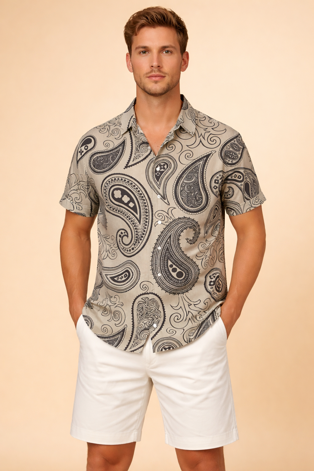 Men's bold pattern short sleeve button-up shirt for stylish summer casual wear.