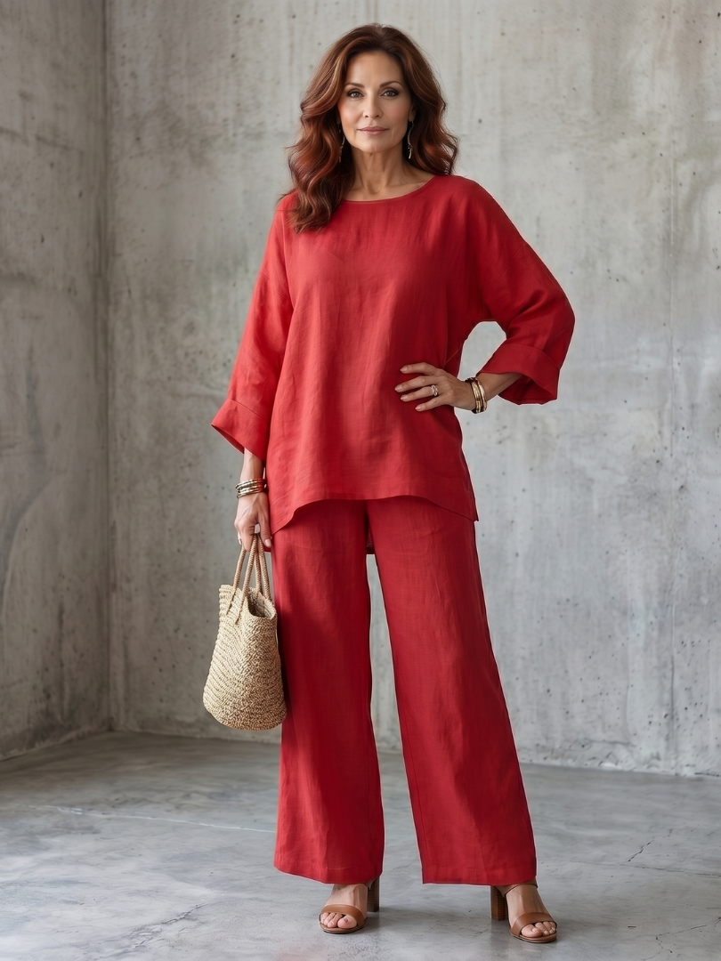 Women's stylish oversized tunic & wide-leg pant two-piece set for comfortable casual wear.