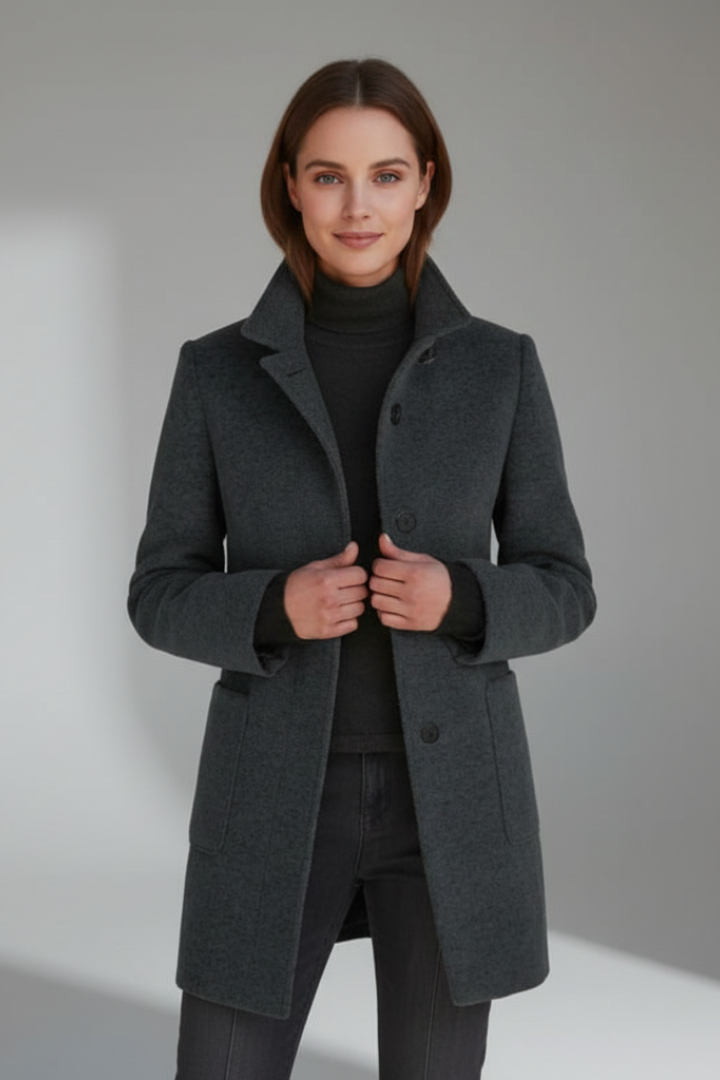 Women's elegant mid-length stand collar coat with button closure, perfect for everyday fall and winter fashion.