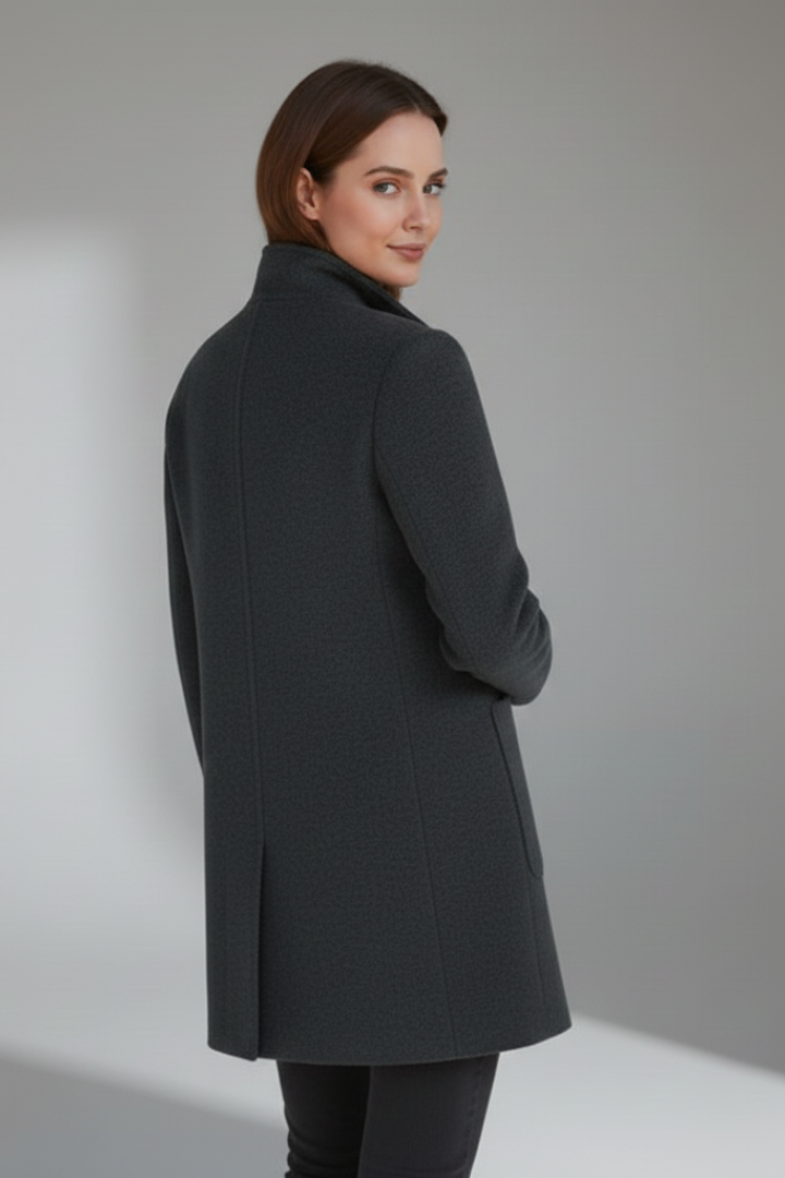 Versatile women's mid-length stand collar coat, ideal for elegant everyday fashion in fall and winter.