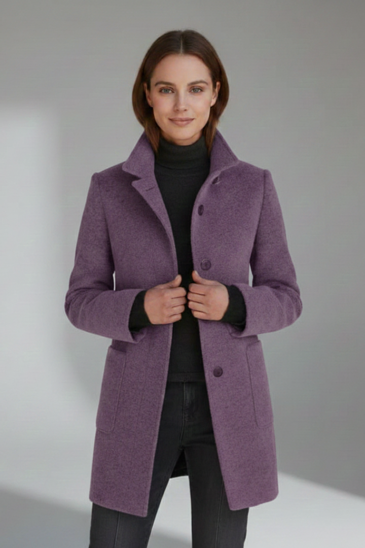 Comfortable and elegant women's mid-length stand collar coat. Perfect everyday outerwear for colder seasons.