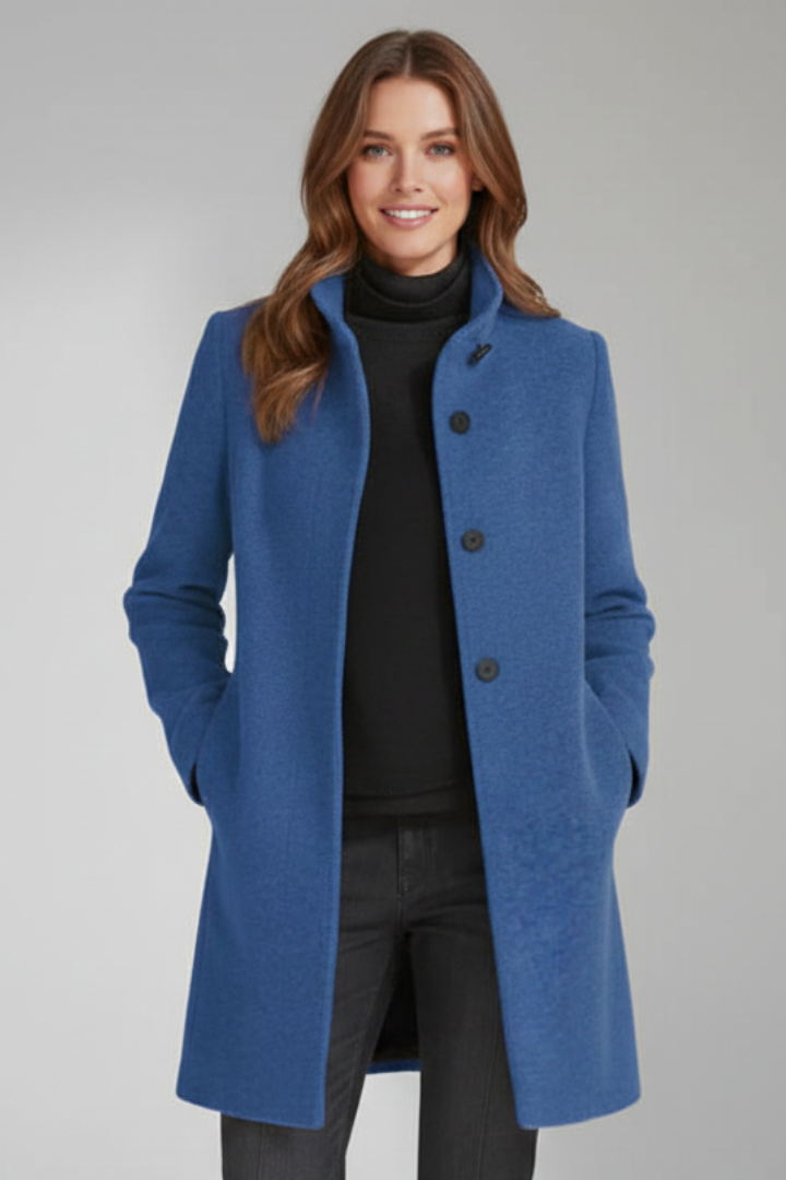 Classic women's mid-length stand collar coat. Timeless everyday outerwear with a sophisticated button closure.