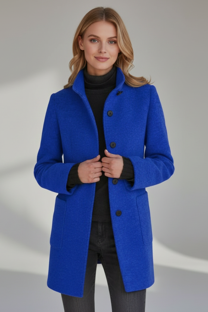 Stylish women's mid-length stand collar coat, perfect for layering in fall and winter everyday fashion.
