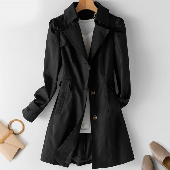 Classic khaki mid-length trench coat for women, elegant single-breasted design, versatile spring/fall jacket.