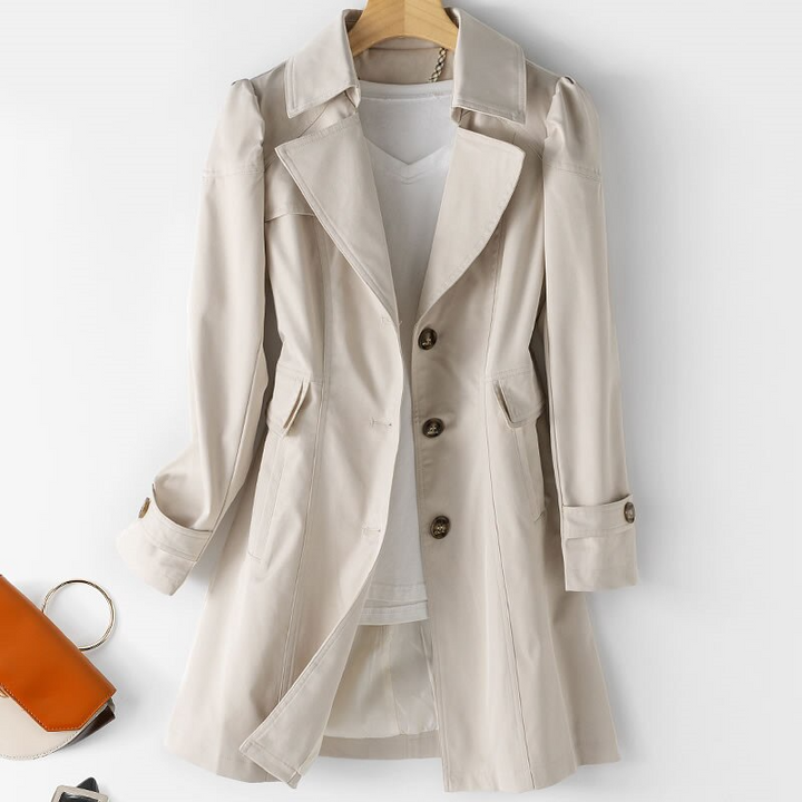 Fashionable women's mid-length trench coat, an elegant and comfortable fall/spring jacket.
