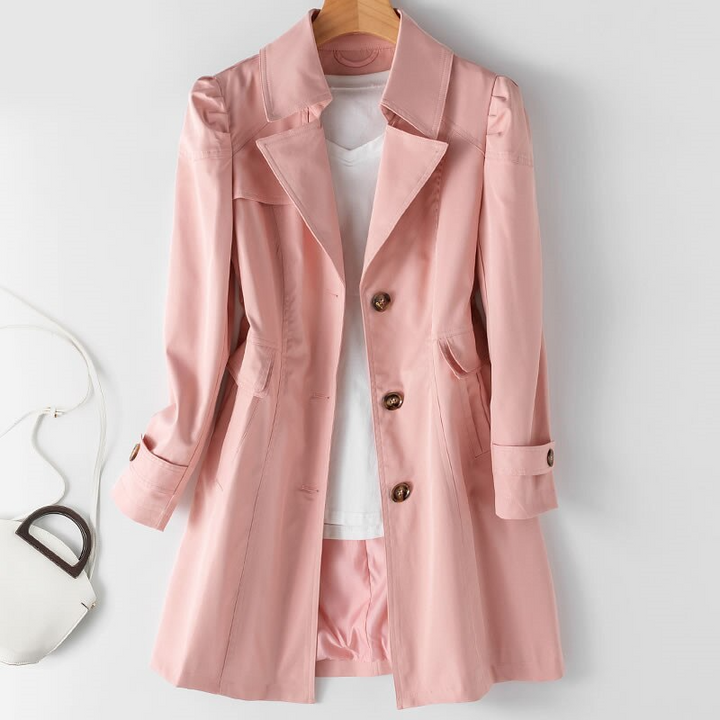 Chic black mid-length trench coat for women, a stylish & elegant classic design, perfect for outerwear.
