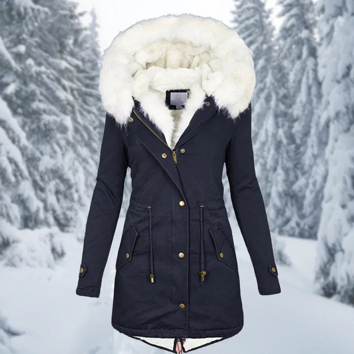 Women's warm mid-length winter parka jacket with hood and adjustable waist, ideal for cool weather.