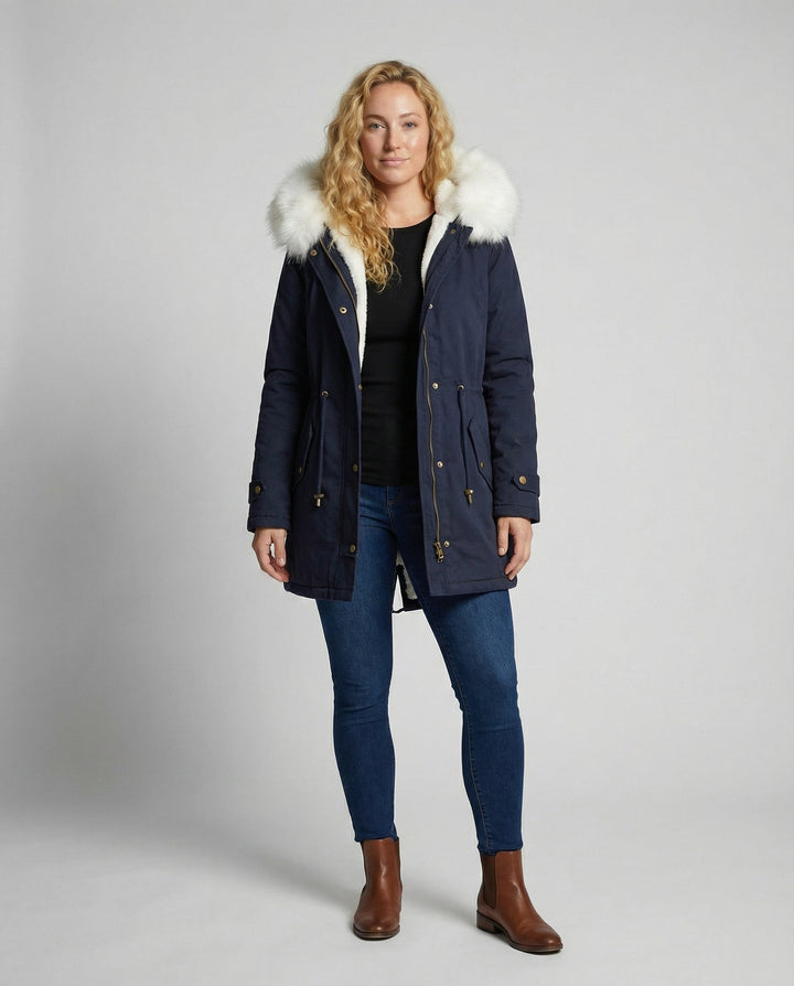 Casual women's hooded parka jacket, mid-length for winter warmth, with a relaxed fit.