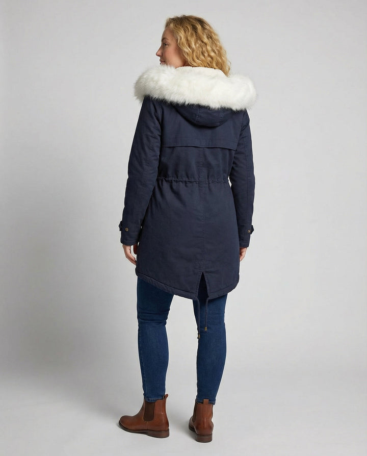Durable women's winter parka jacket, warm mid-length outerwear with an adjustable waist.
