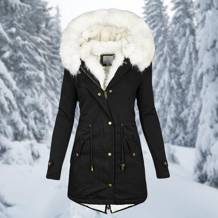 Everyday women's warm mid-length winter parka, hooded and durable for cold conditions.