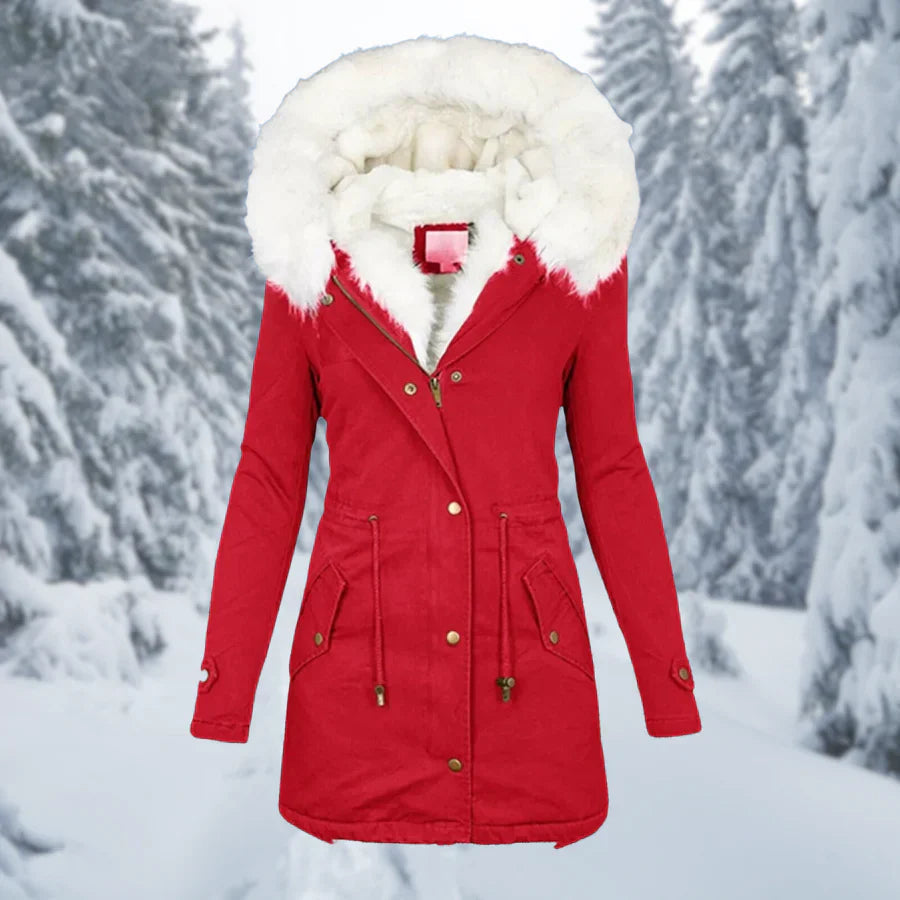 Relaxed fit women's mid-length parka jacket, warm winter outerwear with adjustable features.
