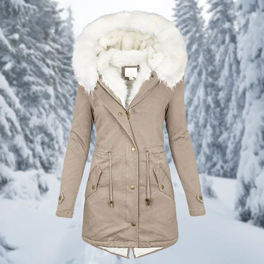 Women's warm mid-length hooded parka, durable winter jacket with an adjustable waist for comfort.