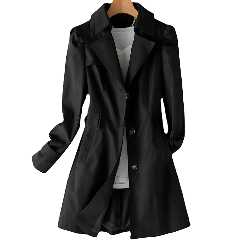 Classic women's mid-season trench coat, perfect for stylish transitional spring & autumn outerwear. Features an adjustable belt.