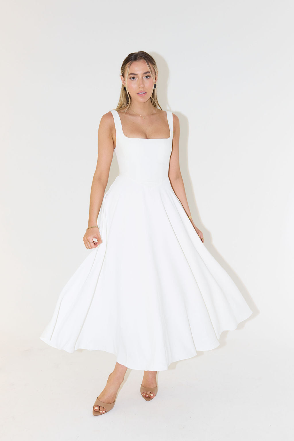 Elegant women's square neck midi dress, perfect for chic style, occasion wear, and summer events.