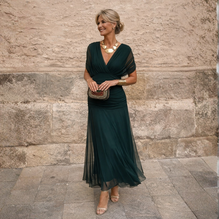 Elegant off-shoulder maxi dress for women, perfect for formal events & evening wear.