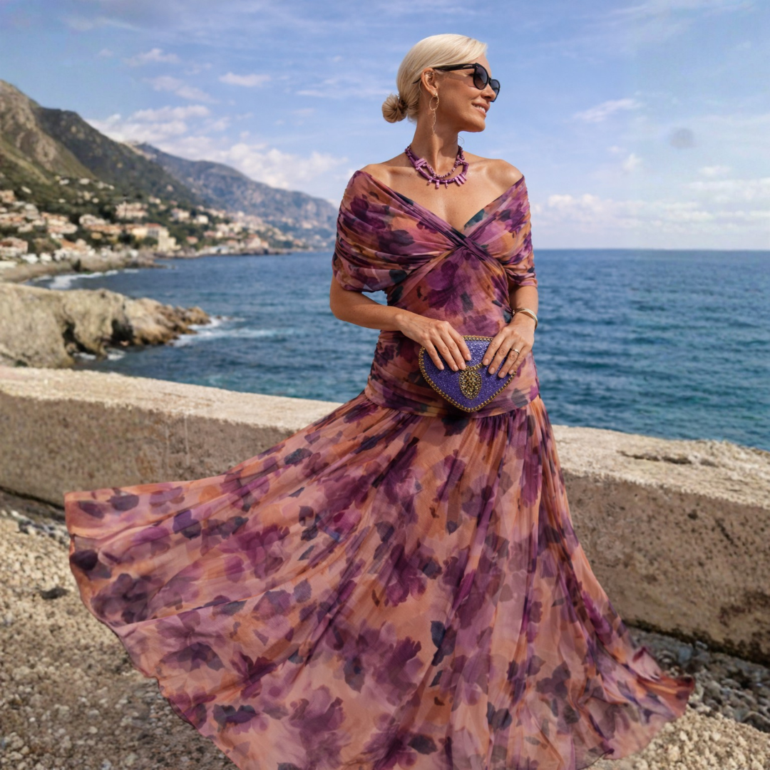 Women's mermaid style off-shoulder maxi dress, an elegant choice for wedding guests.