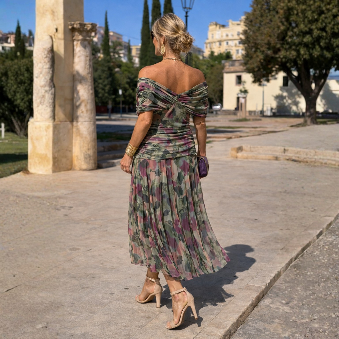 Classic off-shoulder formal maxi dress, perfect evening wear for women's special events.