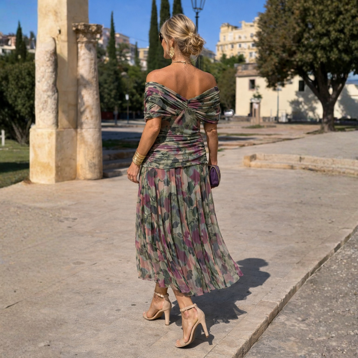 Classic off-shoulder formal maxi dress, perfect evening wear for women's special events.
