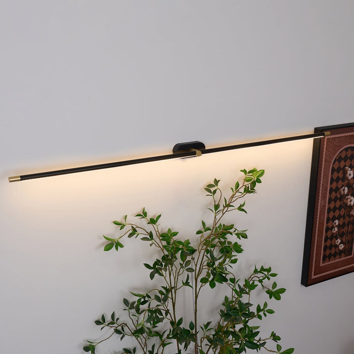 Contemporary black linear wall lamp, integrated LED, bedroom.
