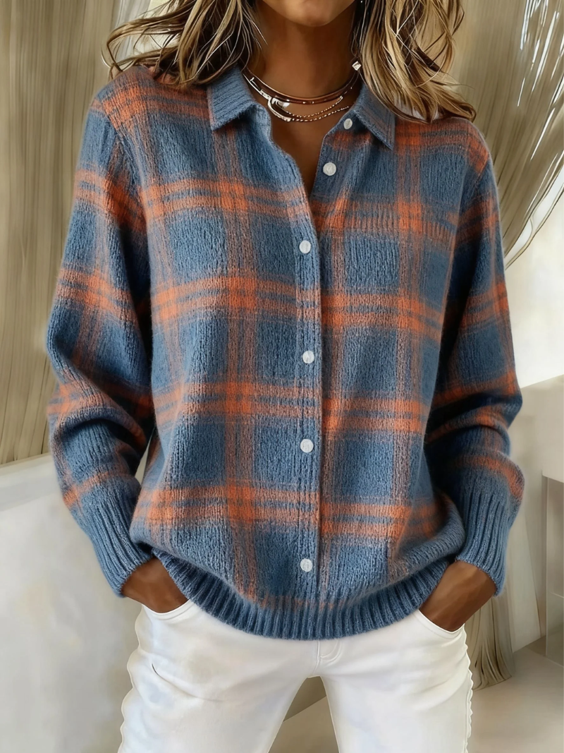 Elegant women's knitted check blouse with long sleeves & button front, versatile for office chic or casual wear. Timeless style.