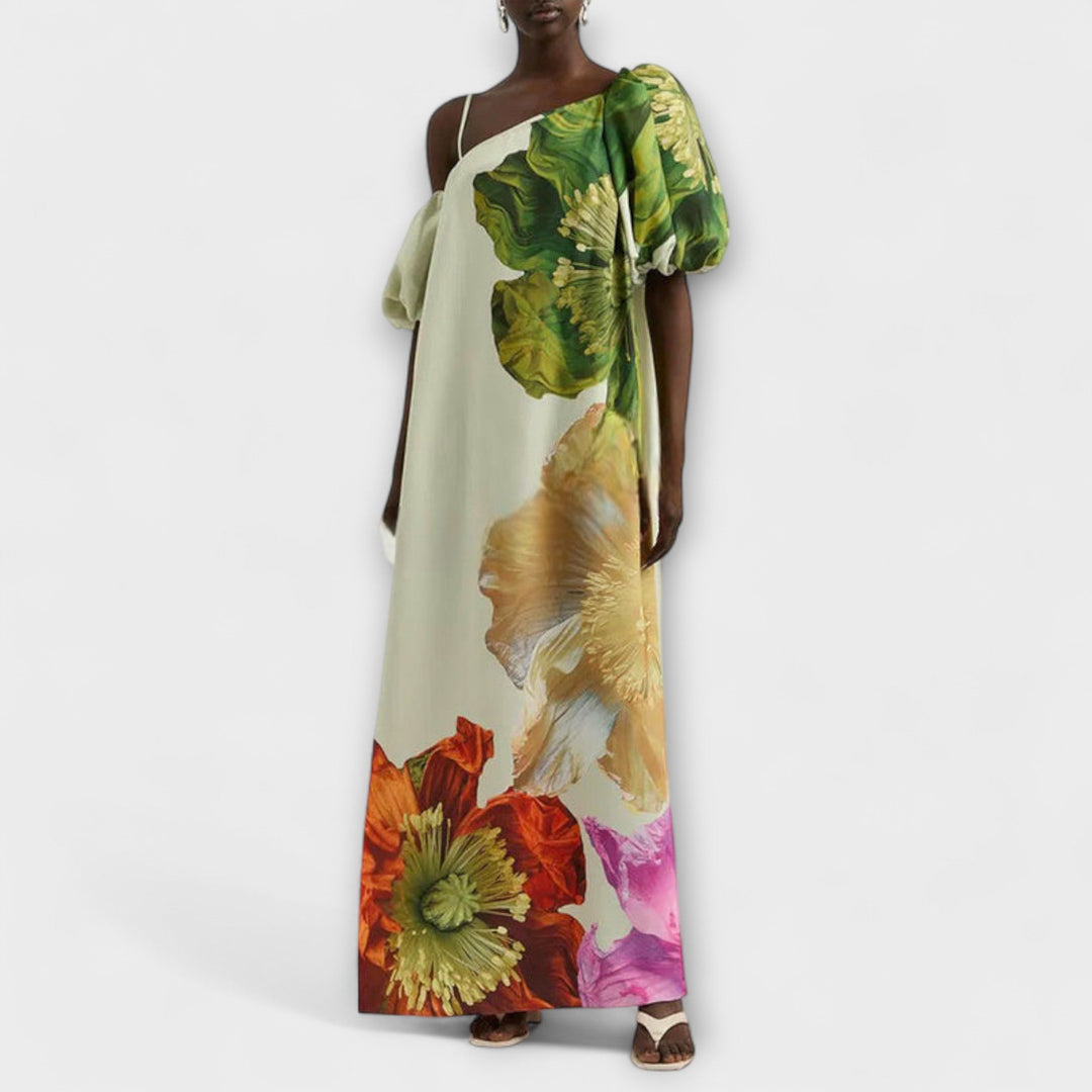Chic women's off-shoulder floral maxi dress with tropical print. Ideal for summer parties, wedding guests, or resort fashion.
