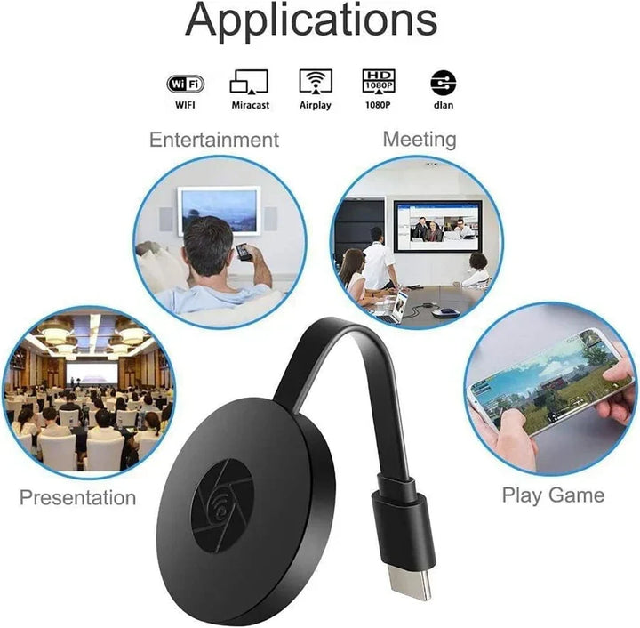 Compact wireless HD adapter, easy screen mirroring from any device to big display.