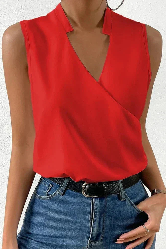 Fashionable women's wrap V-neck sleeveless top with a flattering design, suitable for elegant summer outfits.