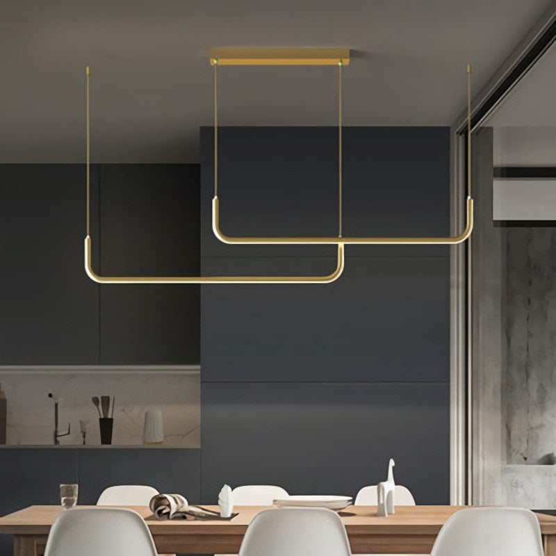 Arisha modern gold and black LED chandelier, providing adjustable light for dining.