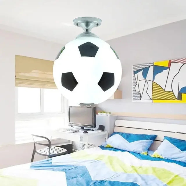 Modern football LED ceiling light for kids. Energy-efficient fixture perfect for sports-themed playrooms & bedrooms.
