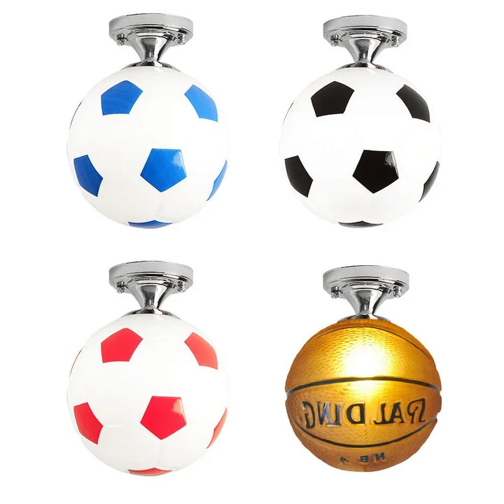 Playroom LED ceiling light. Features fun football & basketball designs, ideal for kids' bedroom sports decor.