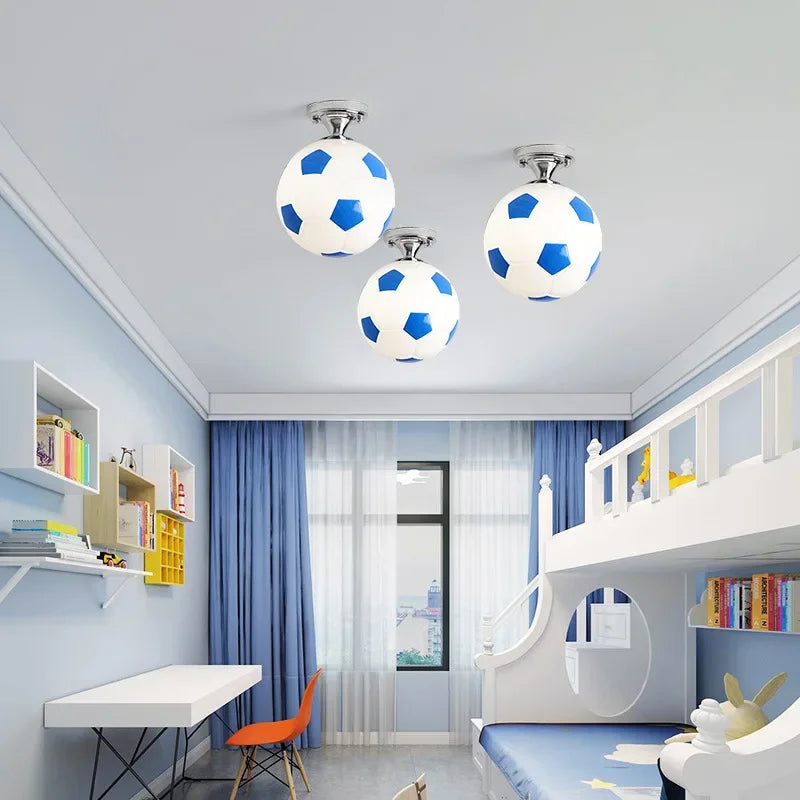 Dual sports LED ceiling light with football & basketball. Kids' playroom & bedroom fixture for vibrant sports decor.