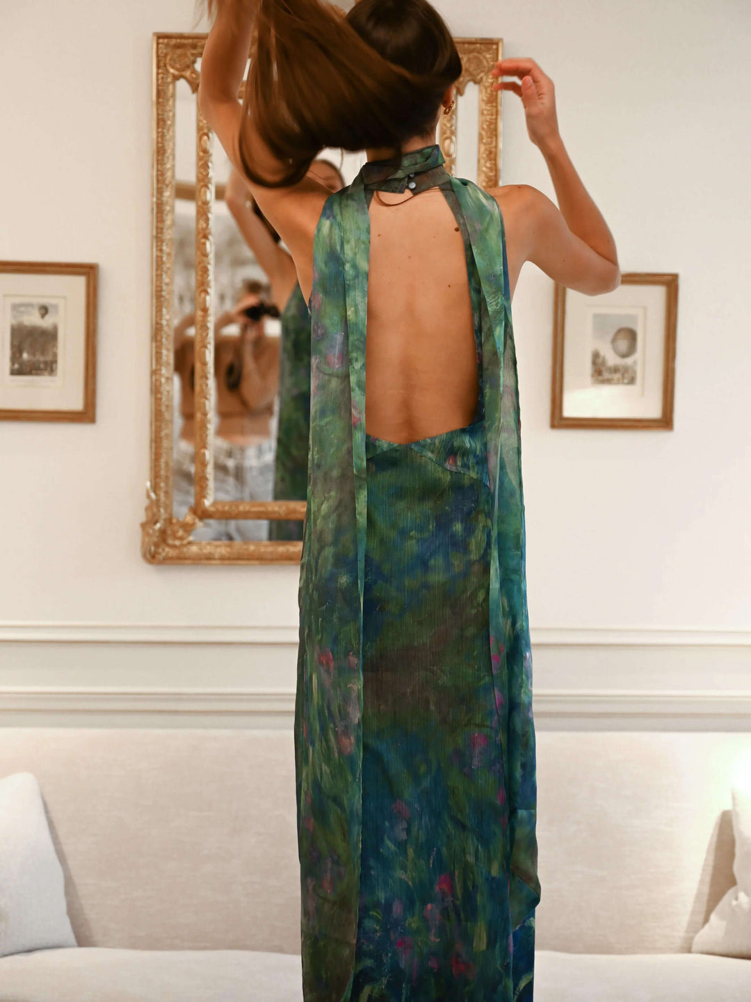 Art-inspired Women's High-Neck Maxi Dress. Elegant long dress with a flattering fit and chic open back detail.