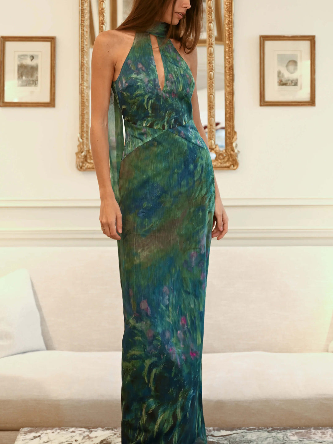 Modern Women's High-Neck Maxi Dress, art print & open back. A fashionable choice for elegant formal evenings.