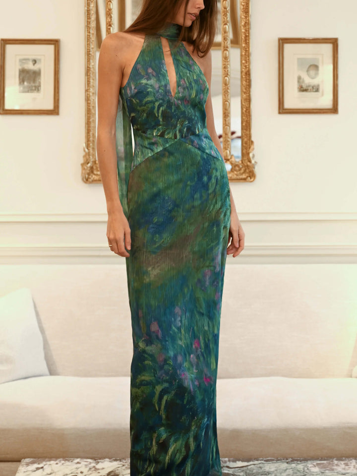 Modern Women's High-Neck Maxi Dress, art print & open back. A fashionable choice for elegant formal evenings.