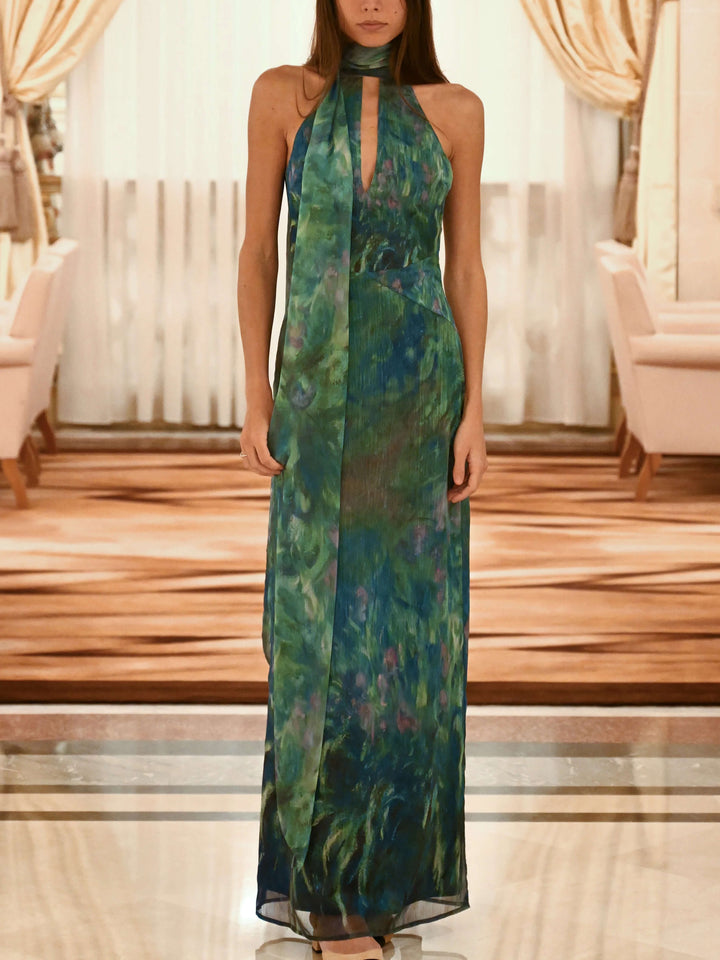 Elegant Women's long high-neck maxi dress with a unique art-inspired pattern and sophisticated open back design.