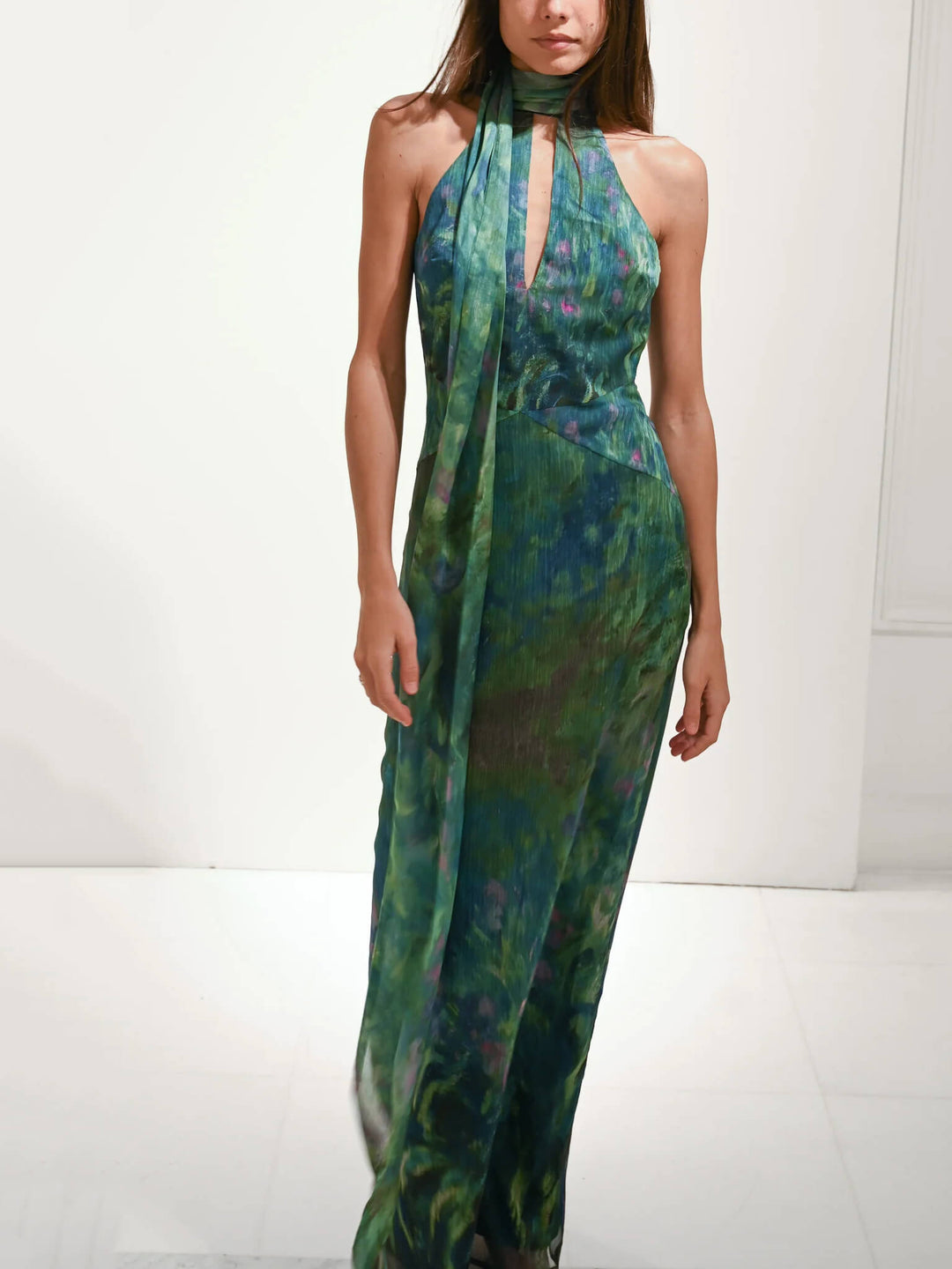 Sophisticated Women's High-Neck Maxi Dress, art print & open back. An elegant formal dress for special occasions.