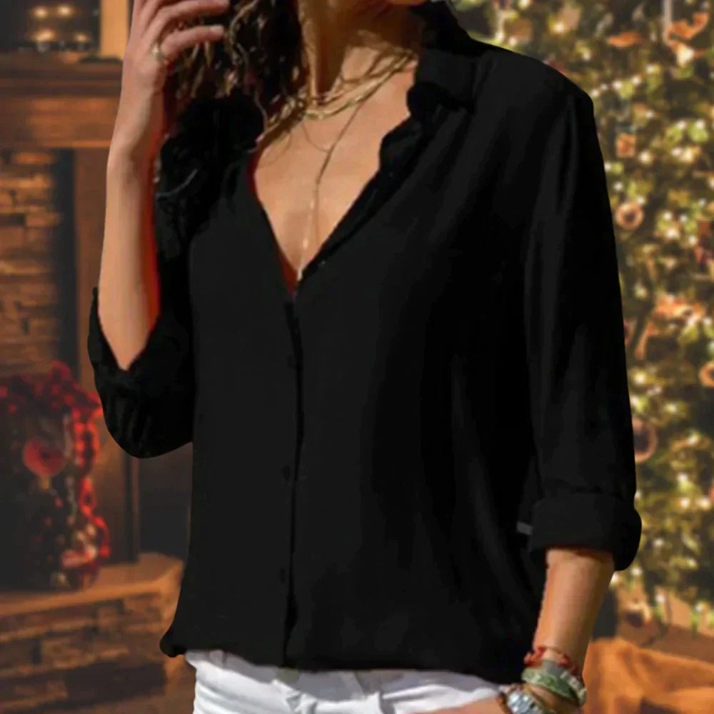 Women's Satin V-Neck Long Sleeve Blouse