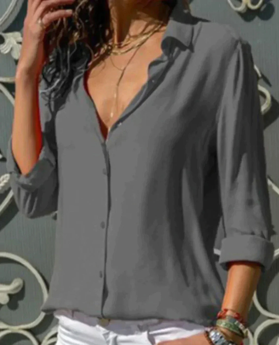 Women's Satin V-Neck Long Sleeve Blouse