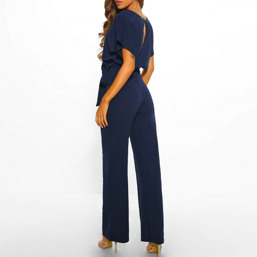Modern elegant women's wide-leg jumpsuit. Comfortable, chic, & versatile for timeless fashion. Day to night wear.