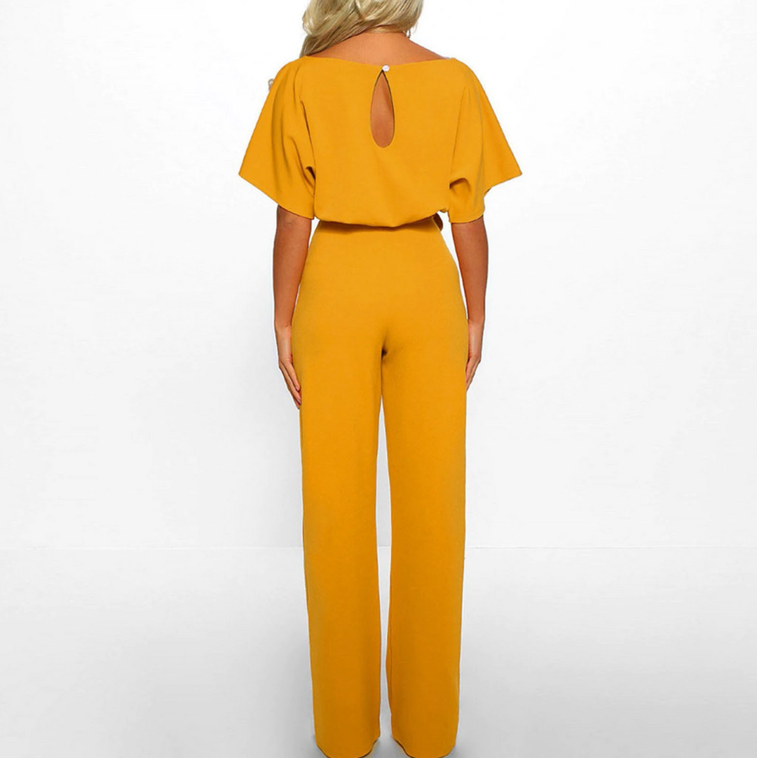 Easy-to-wear elegant wide-leg jumpsuit for women. Comfortable, chic, & stylish. Perfect versatile summer outfit.