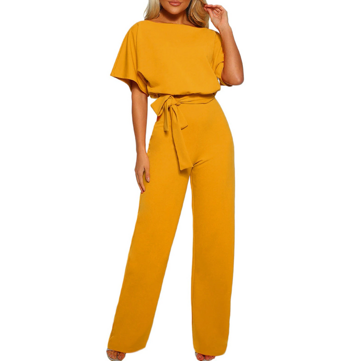Sleek women's wide-leg elegant jumpsuit. Comfortable, chic, & fashionable for summer or elegant evening style.