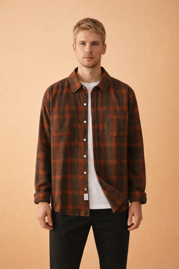 Men's classic red & black checked long-sleeve button-front shirt, perfect for casual everyday wear & layering.