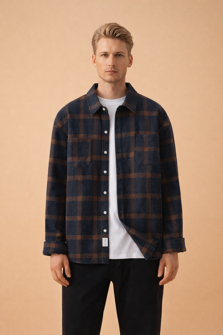 Versatile men's blue & white plaid long-sleeve shirt. Ideal for everyday casual style, an overshirt or layering.