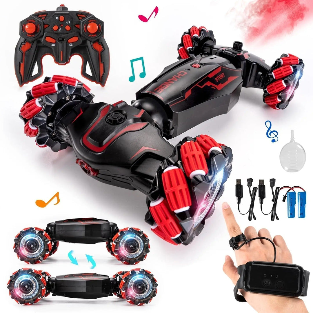 Unisex gesture control RC stunt car performing 360° drifts & flips, an exciting action toy for kids.