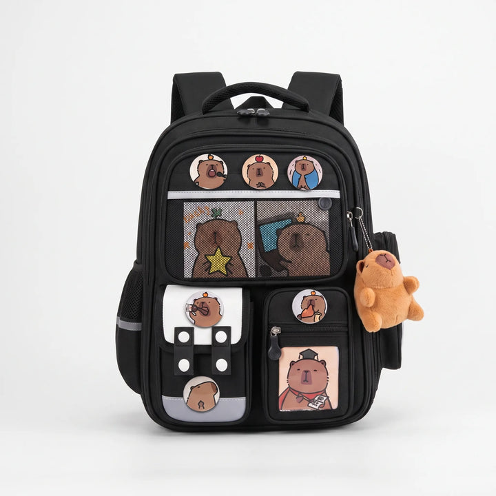 Multifunctional kids' nylon school backpack with capybara print, multi-compartment for organized school.