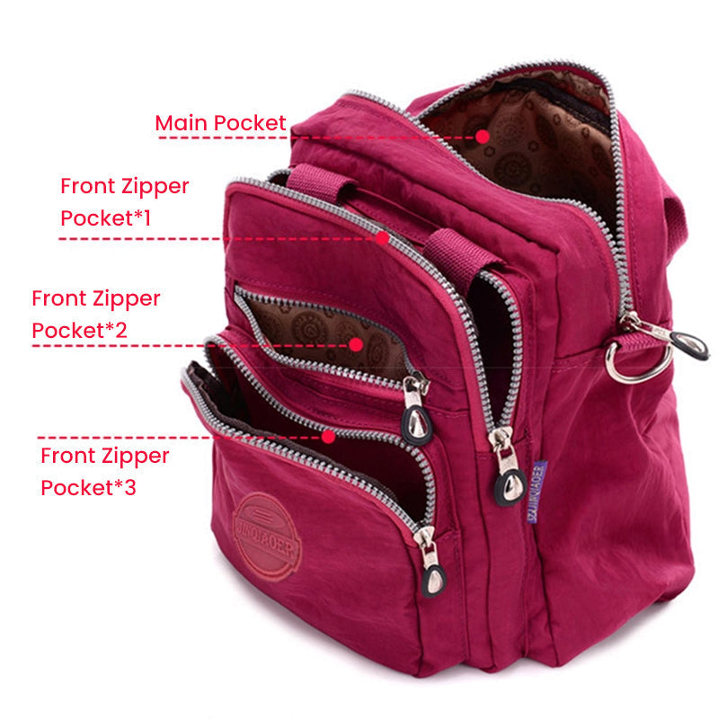 Interior view of new women's multi-compartment water-resistant bag, organized storage for travel.